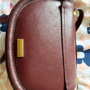 Vince Camuto Wine Leather Crossbody with Gold Plaque